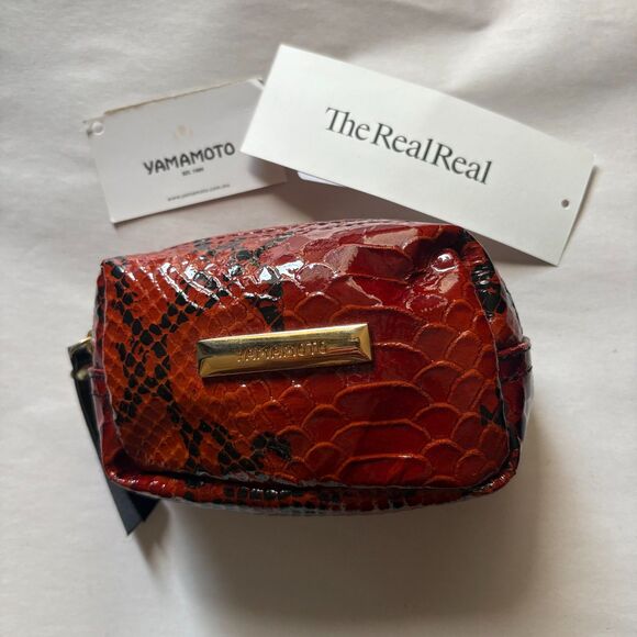 Yamamoto Red Faux Snakeskin Embossed Leather Zip Pouch Small Bag Coin Purse - Picture 2 of 7